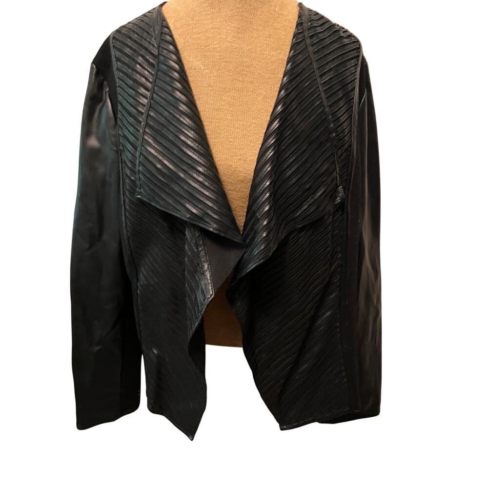 Chico's Faux Leather Mix Media Moto Jacket Black Pleated open front biker grunge